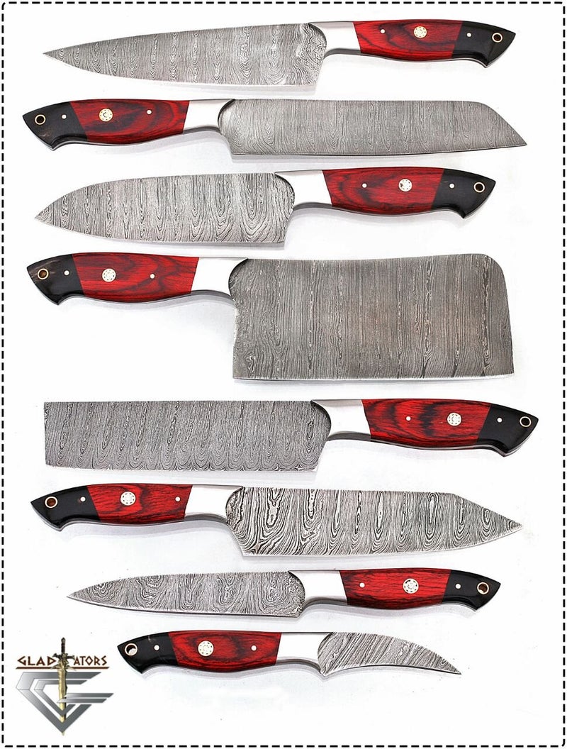 GladiatorsGuild G16Red- Professional Kitchen Knives Custom Made Damascus Steel pcs of Professional Utility Chef Kitchen Knife Set with Chopper/Cleaver Black Horn (at end) GladiatorsGuild (8, Red) - Image 1
